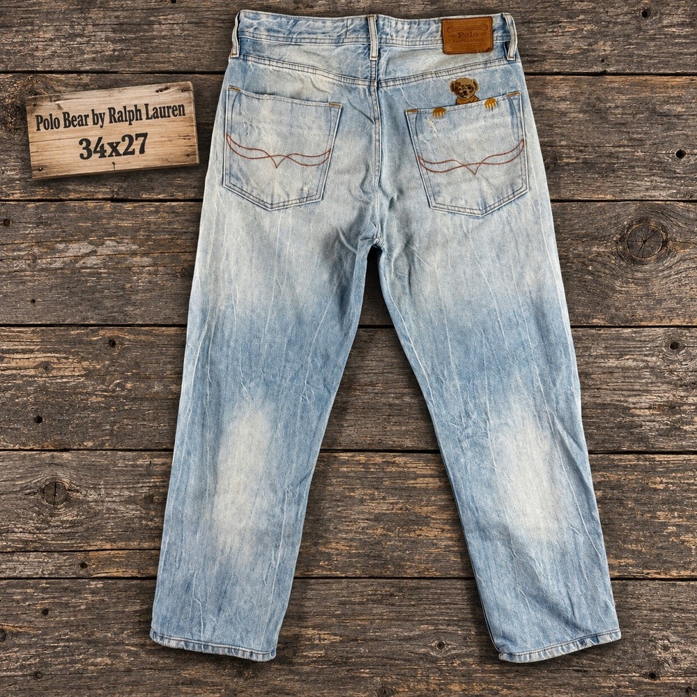 Polo Ralph Lauren Polo Bear Jeans Mens 34x27 Light Wash Distressed Altered